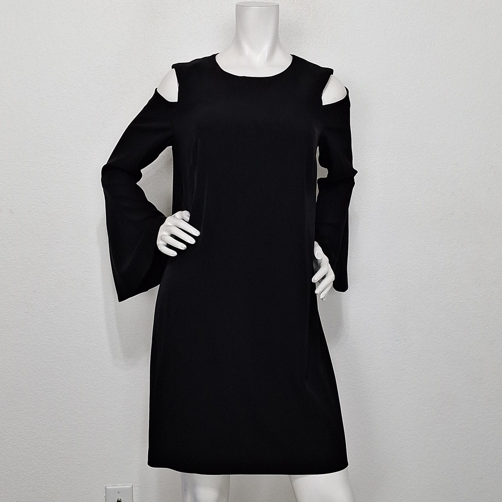 Calvin Klein Black Preppy Romantic Cold Shoulder Bell Sleeve Shift Dress Size 12